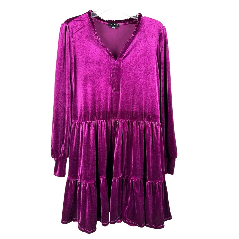 1. State Women's Sz L Long Sleeve Velvet Babydoll Dress Velour Pink Drop Waist
